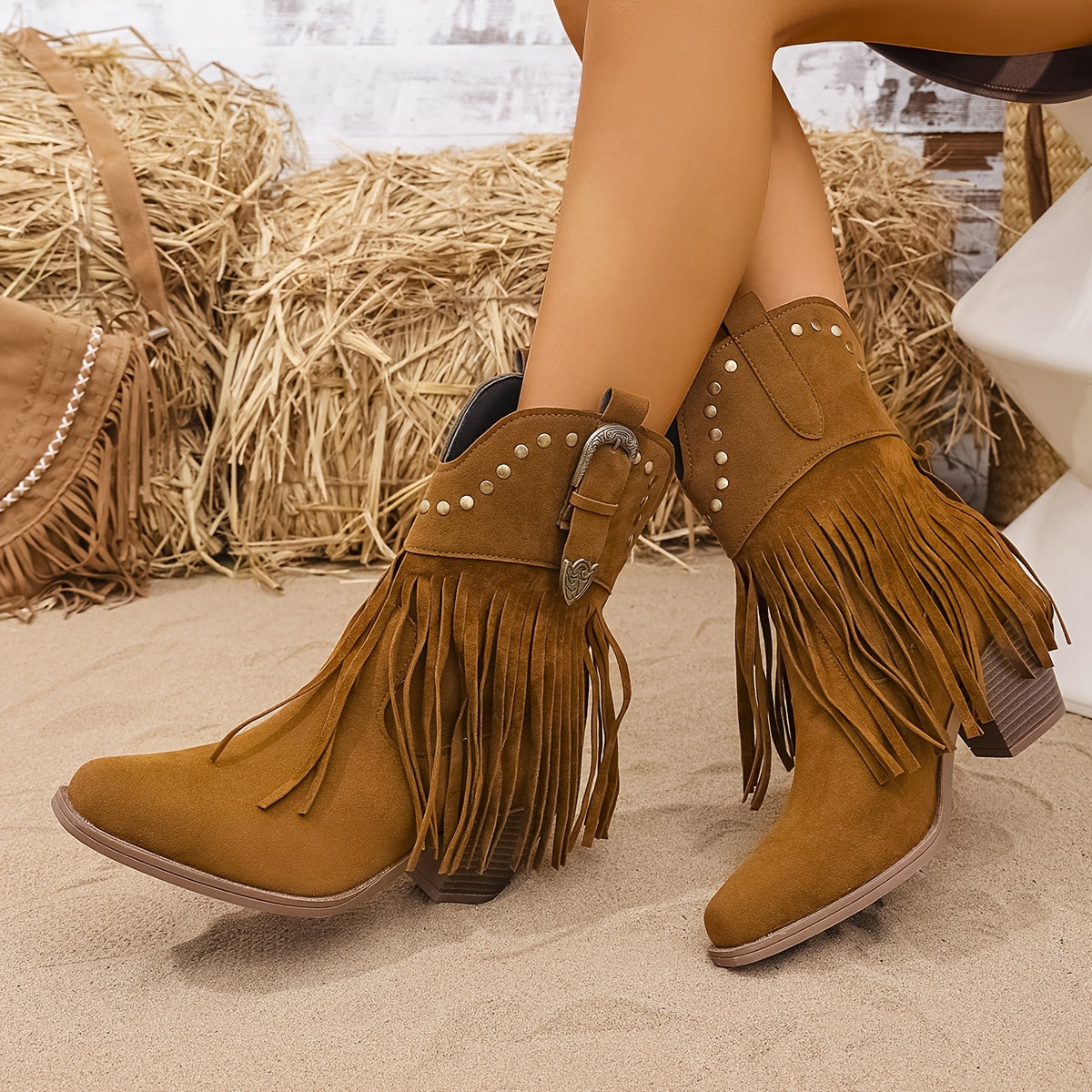Women’s Western Fringe Ankle Boots with Block Heel