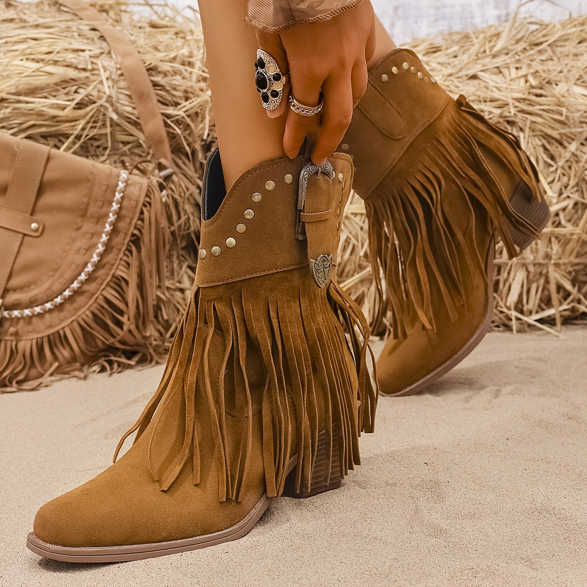 Women’s Western Fringe Ankle Boots with Block Heel