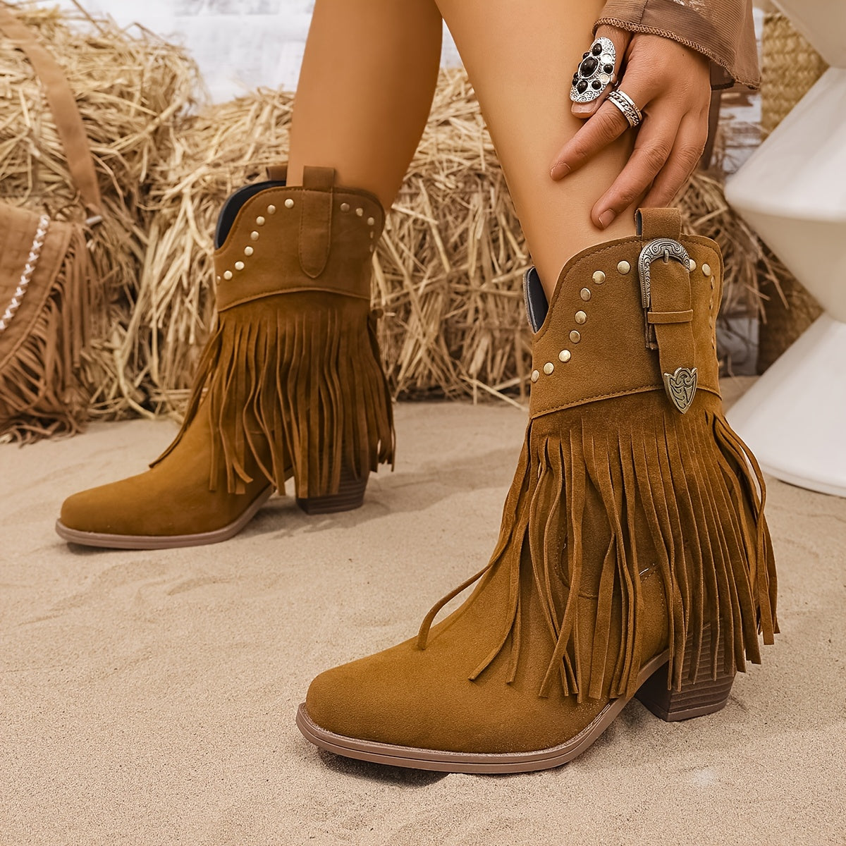 Women’s Western Fringe Ankle Boots with Block Heel