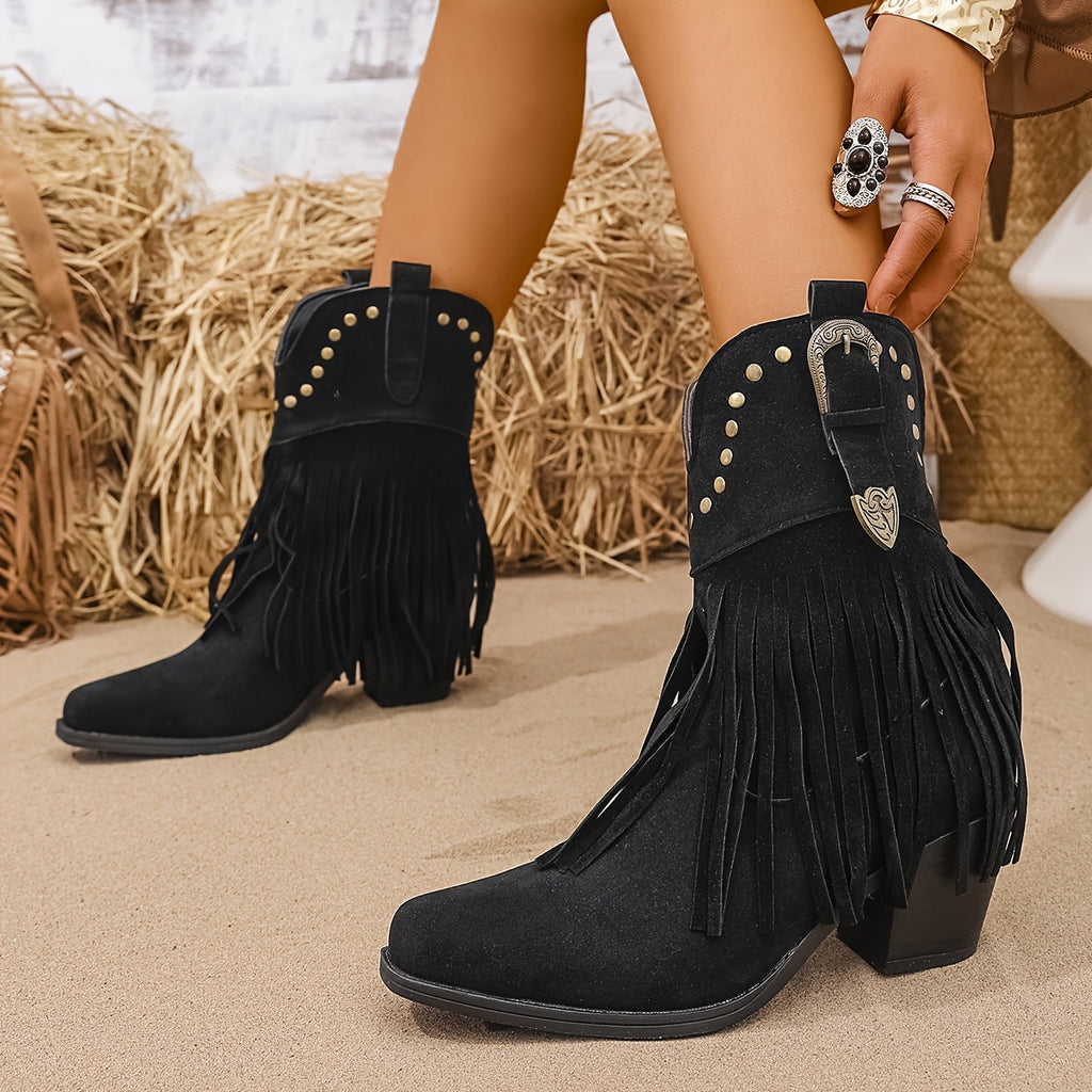 Women’s Western Fringe Ankle Boots with Block Heel