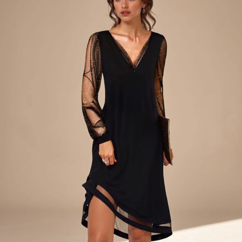 Robe de fête noire pour femme avec manches transparentes scintillantes