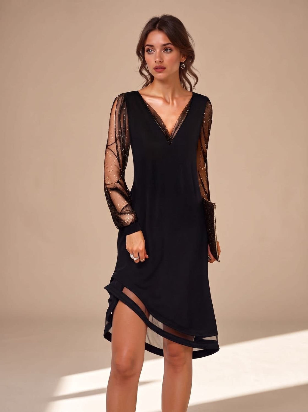 Robe de fête noire pour femme avec manches transparentes scintillantes