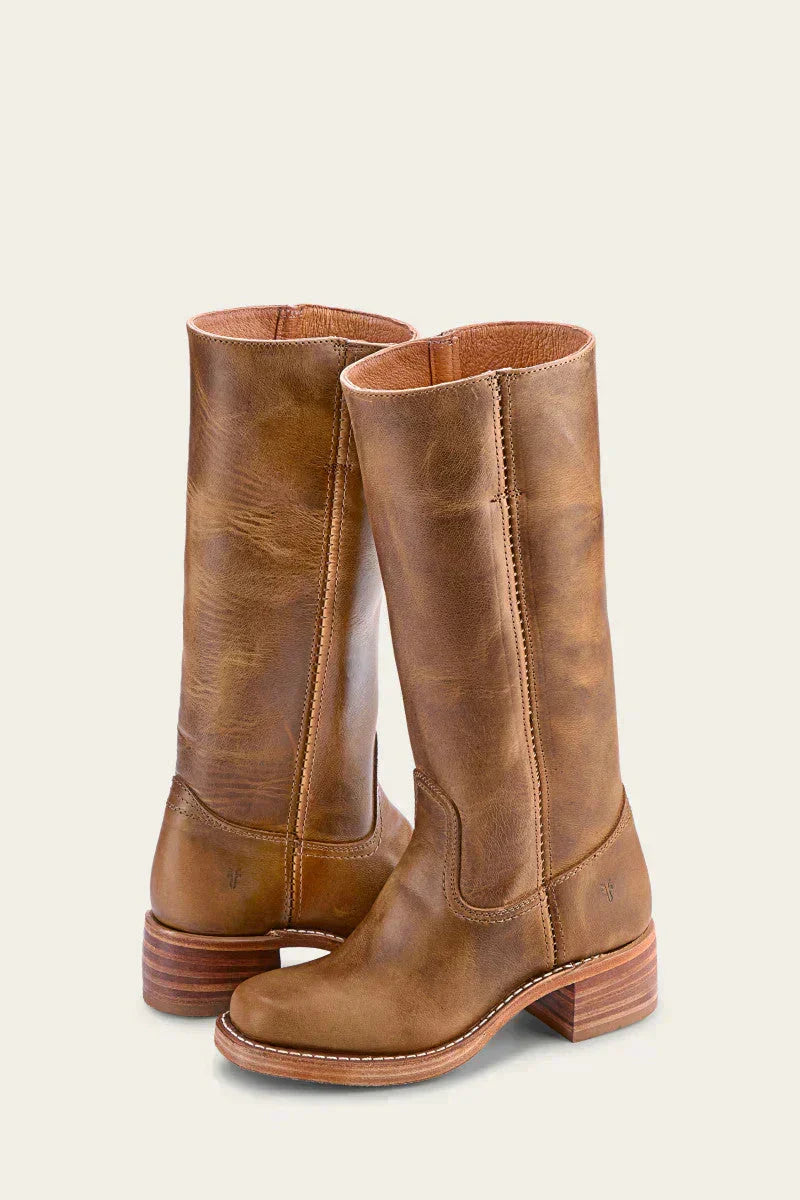 Women's Leather Mid Calf Block Heel Boots