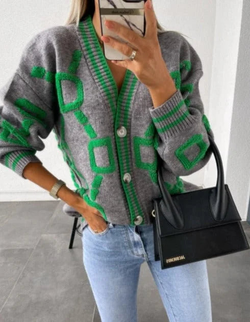 Women’s Geometric Print V-Neck Button Cardigan