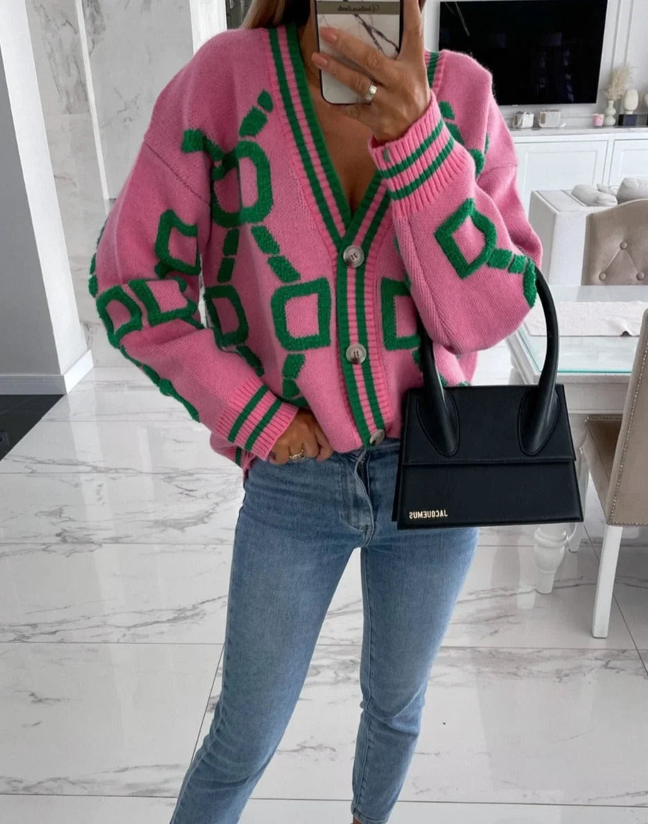 Women’s Geometric Print V-Neck Button Cardigan