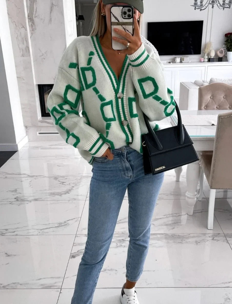 Women’s Geometric Print V-Neck Button Cardigan