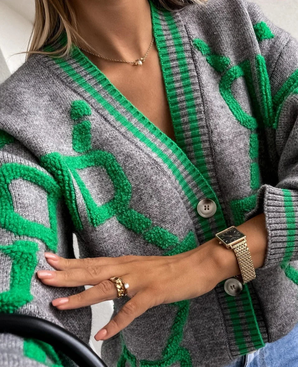 Women’s Geometric Print V-Neck Button Cardigan