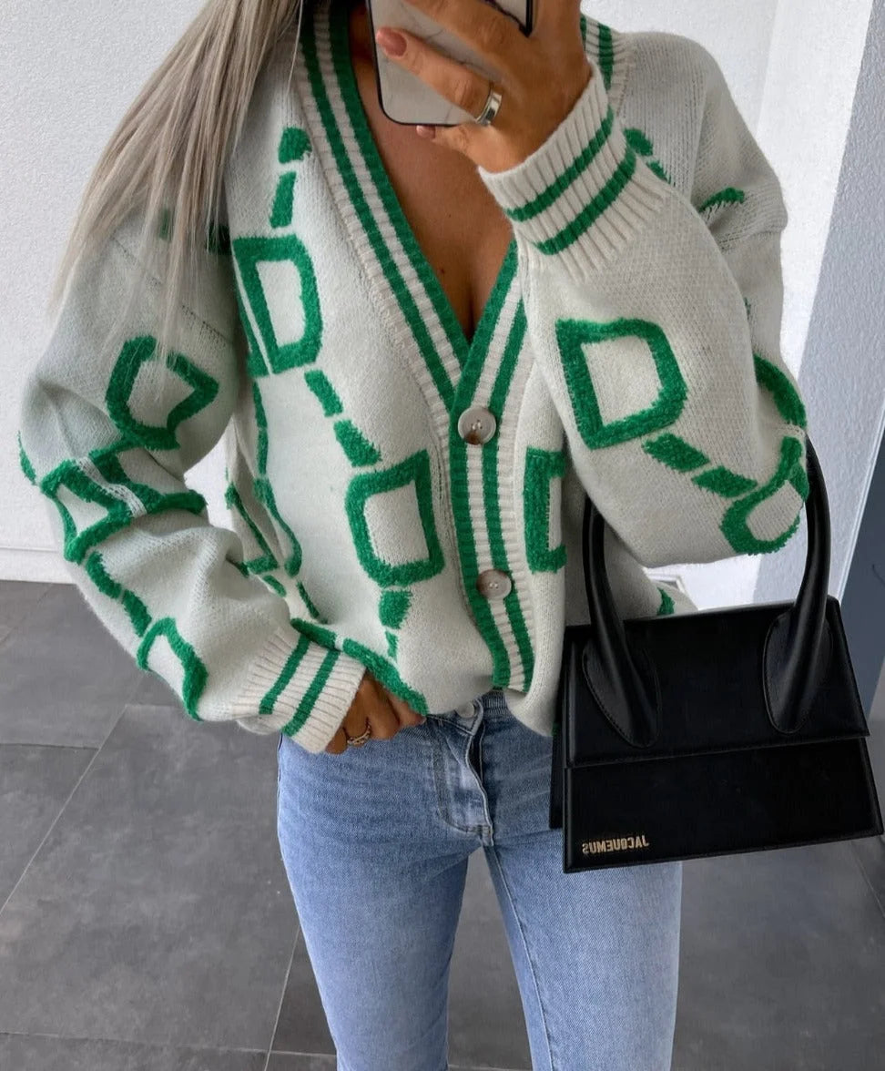 Women’s Geometric Print V-Neck Button Cardigan