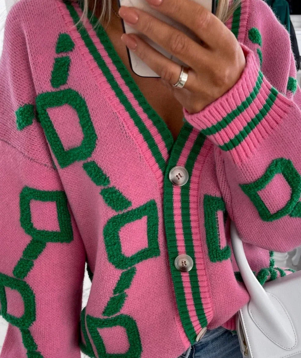 Women’s Geometric Print V-Neck Button Cardigan