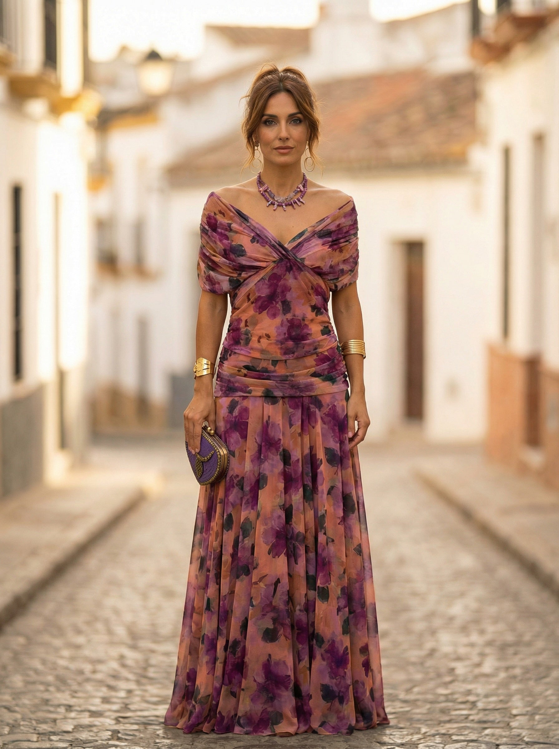 Robe de soirée en mousseline froncée à épaules dénudées pour femme