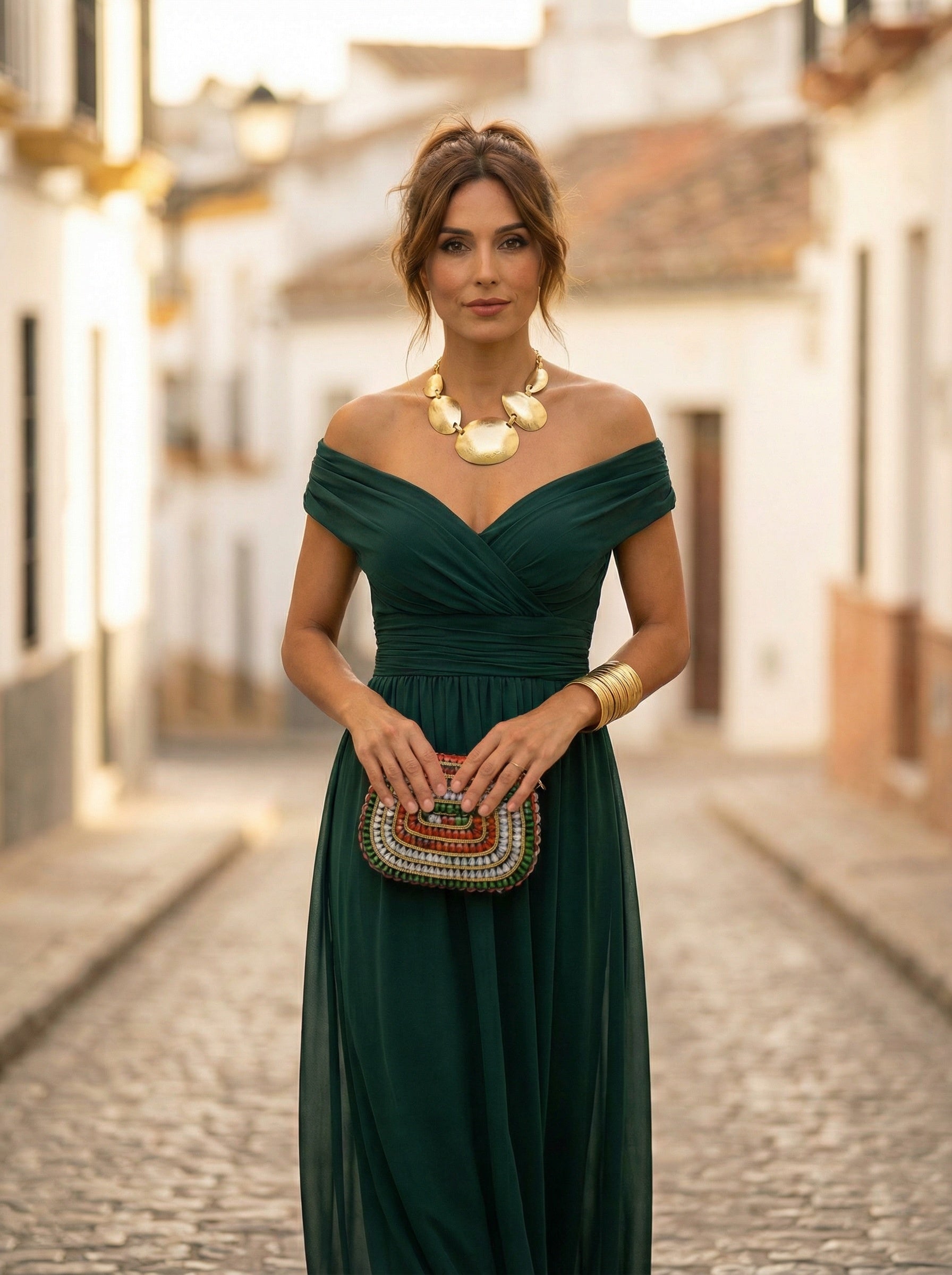 Robe de soirée en mousseline froncée à épaules dénudées pour femme