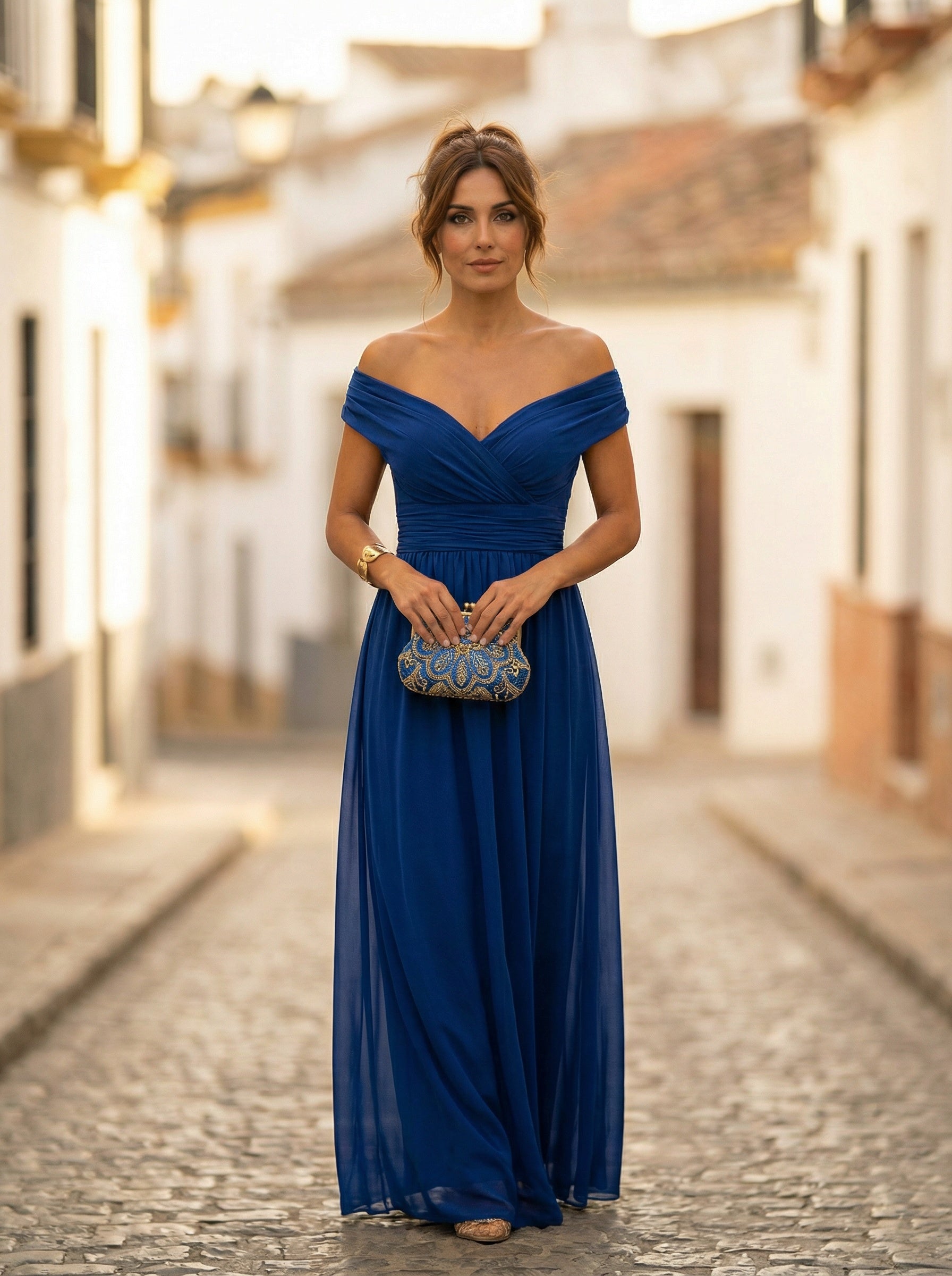 Robe de soirée en mousseline froncée à épaules dénudées pour femme