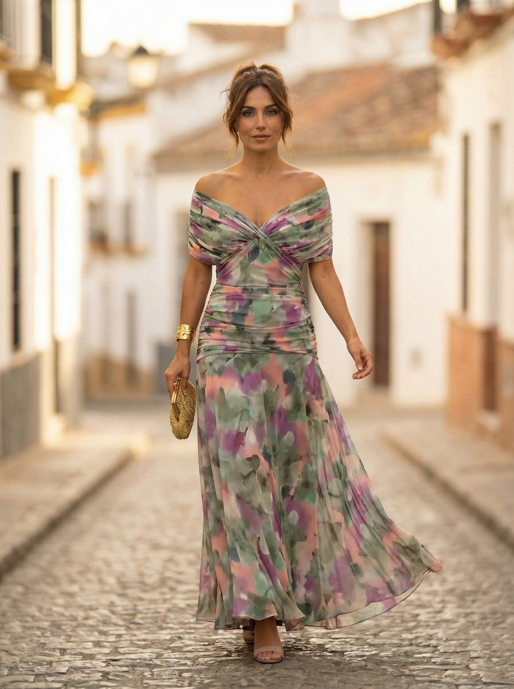Robe de soirée en mousseline froncée à épaules dénudées pour femme