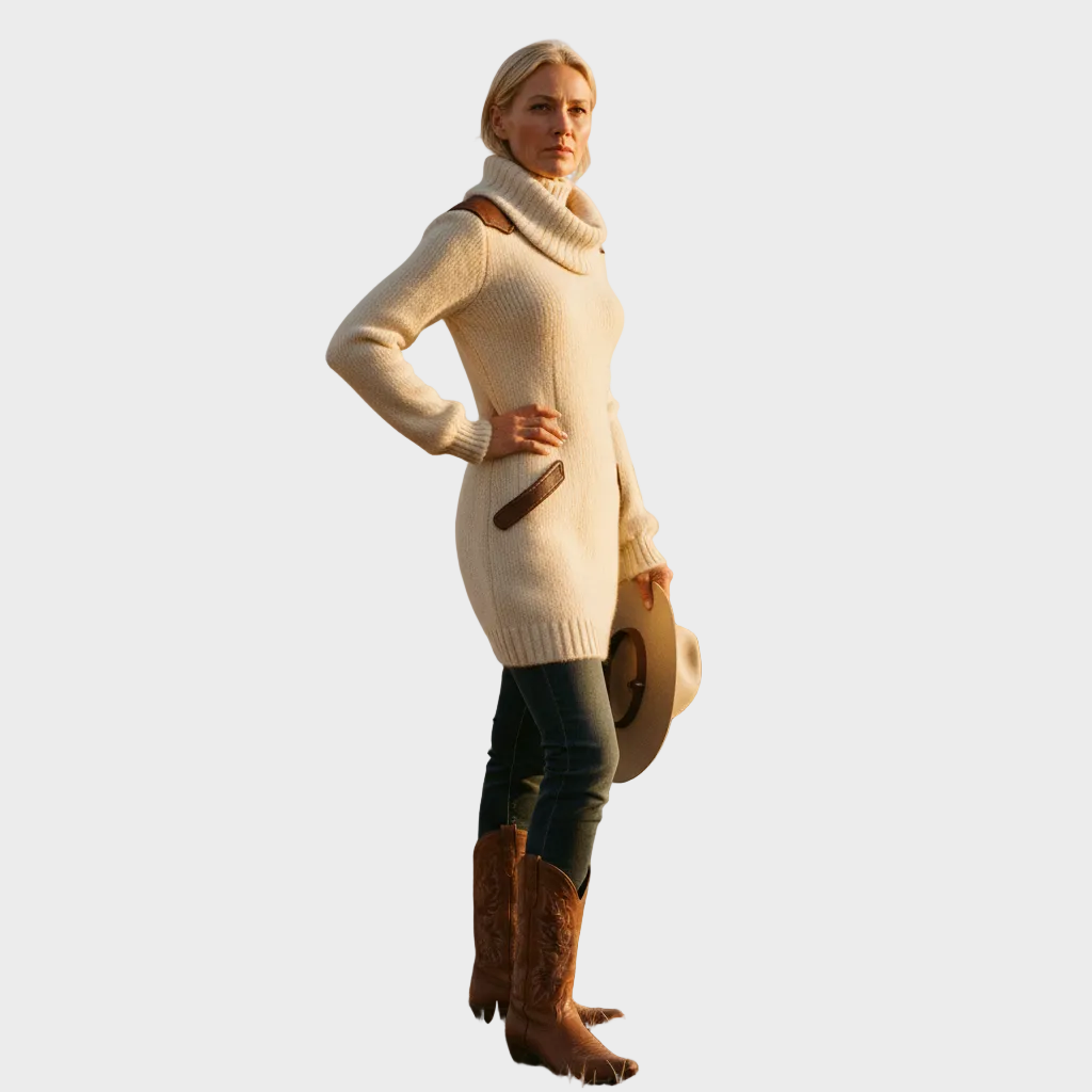 Robe-pull tricotée pour femme à col roulé et bordure contrastante