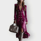 Women's Double-Breasted Maxi Dress | Long Sleeve Velvet