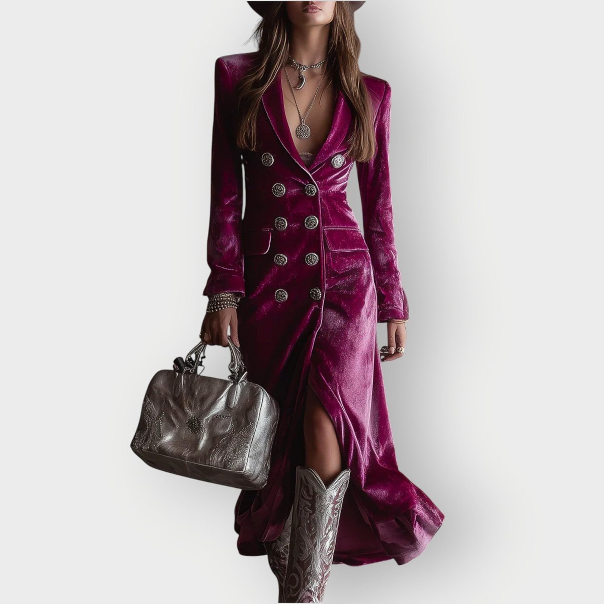 Women's Double-Breasted Maxi Dress | Long Sleeve Velvet
