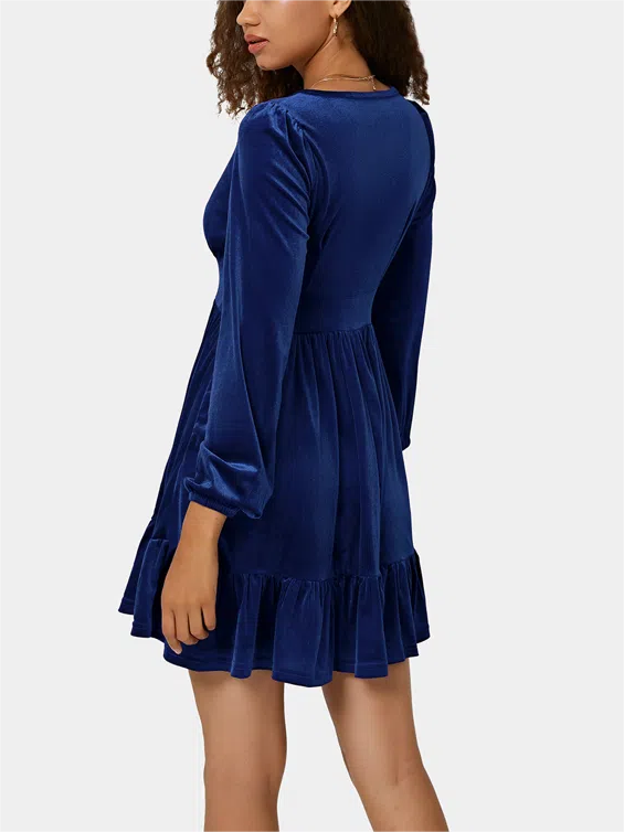 Robe courte de fête de Noël pour femme | Décolleté plongeant en V, ourlet à volants