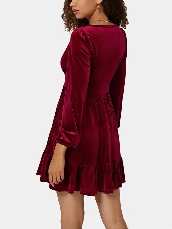 Robe courte de fête de Noël pour femme | Décolleté plongeant en V, ourlet à volants