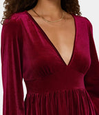 Robe courte de fête de Noël pour femme | Décolleté plongeant en V, ourlet à volants