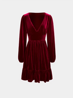 Robe courte de fête de Noël pour femme | Décolleté plongeant en V, ourlet à volants