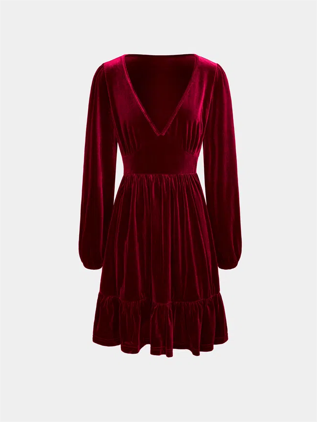 Robe courte de fête de Noël pour femme | Décolleté plongeant en V, ourlet à volants