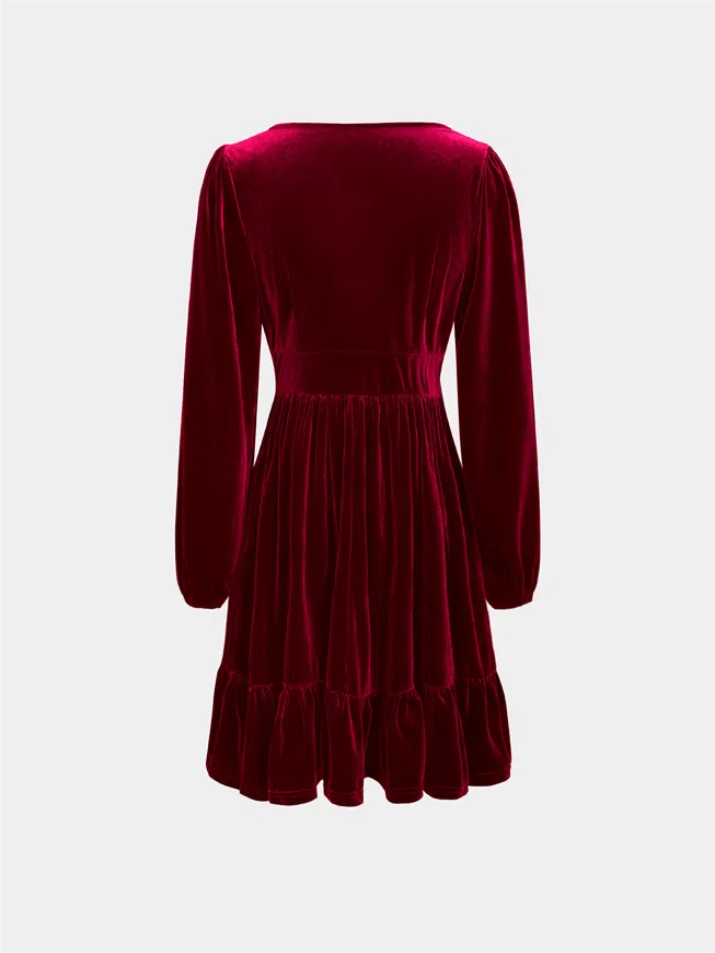 Robe courte de fête de Noël pour femme | Décolleté plongeant en V, ourlet à volants
