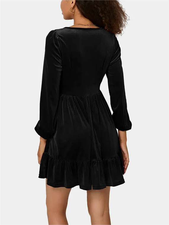 Robe courte de fête de Noël pour femme | Décolleté plongeant en V, ourlet à volants