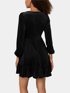 Robe courte de fête de Noël pour femme | Décolleté plongeant en V, ourlet à volants
