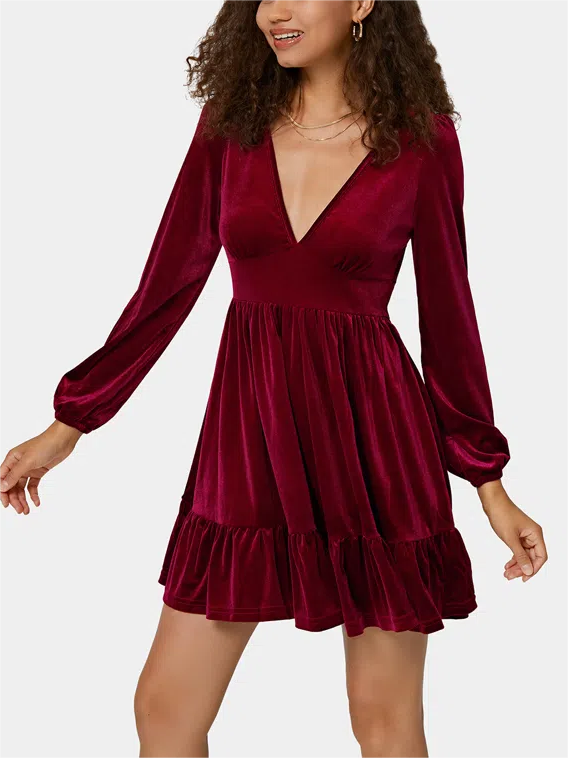 Robe courte de fête de Noël pour femme | Décolleté plongeant en V, ourlet à volants