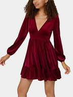 Robe courte de fête de Noël pour femme | Décolleté plongeant en V, ourlet à volants