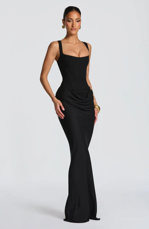 Women's Jersey Maxi Evening Dress with Draped Waist for Autumn