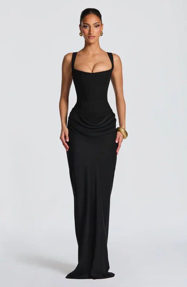 Women's Jersey Maxi Evening Dress with Draped Waist for Autumn