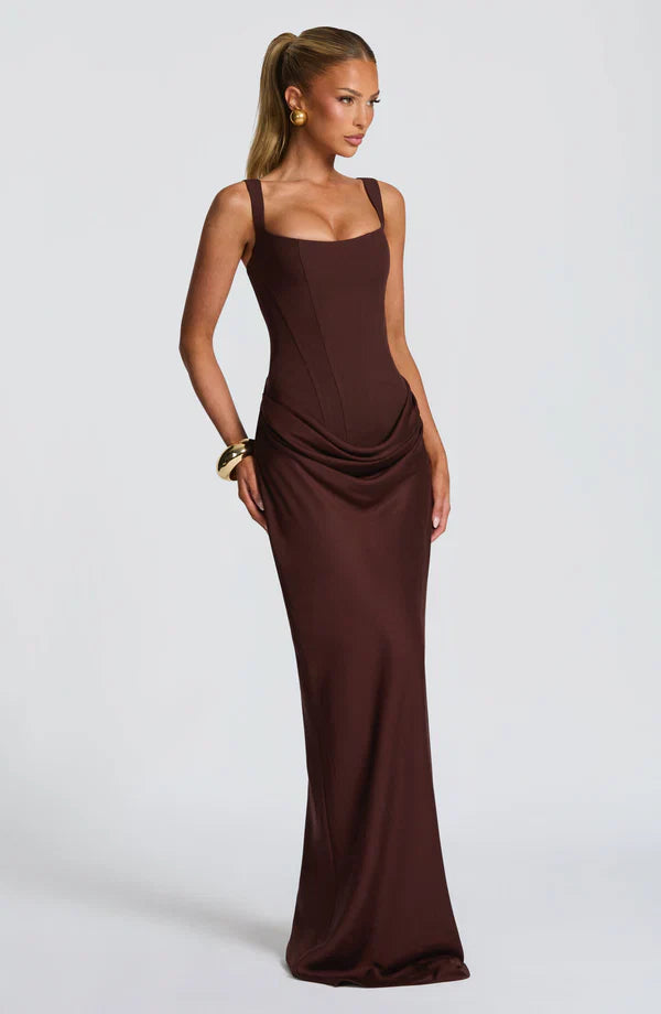 Women's Jersey Maxi Evening Dress with Draped Waist for Autumn