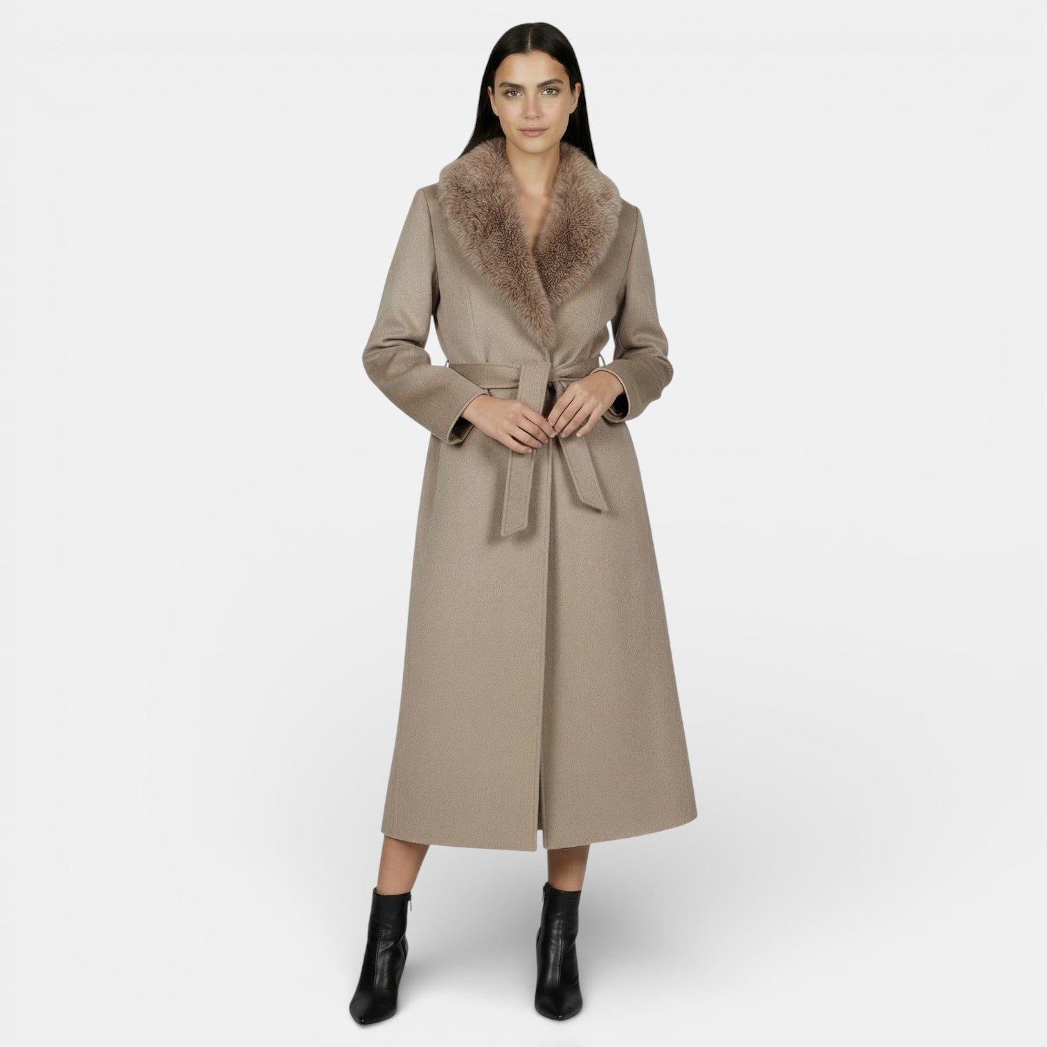 Women’s Long Belted Coat with Faux Fur Collar