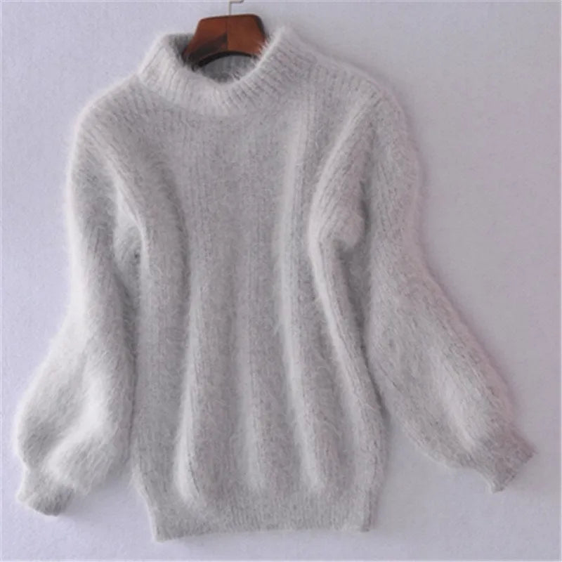 Damski sweter z miękkiej dzianiny ze stójką | Puszysty sweter w stylu vintage