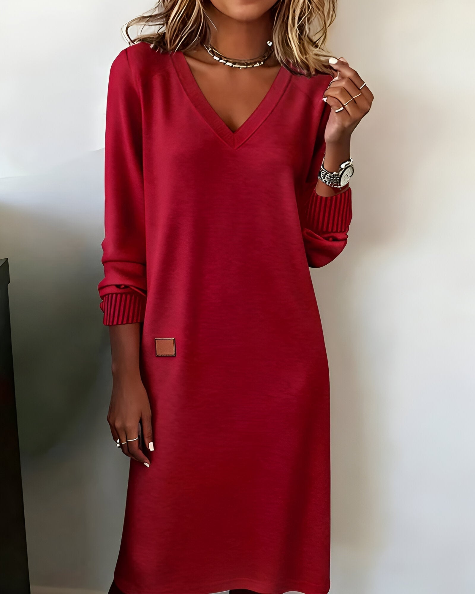Robe-pull à manches longues pour femme, à col en V