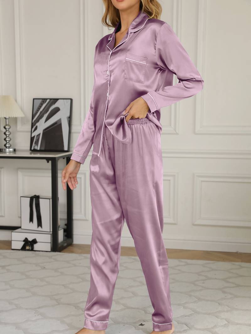 Women's Satin Pyjama Set with Long Sleeve Shirt & Trousers for Autumn
