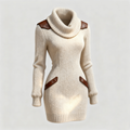 Robe-pull tricotée pour femme à col roulé et bordure contrastante