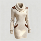 Women's Roll Neck Knitted Jumper Dress with Contrast Trim