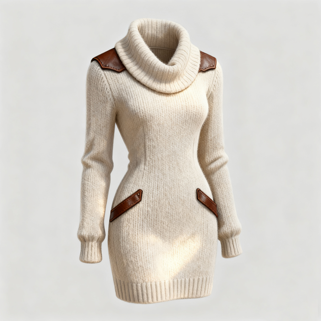 Robe-pull tricotée pour femme à col roulé et bordure contrastante