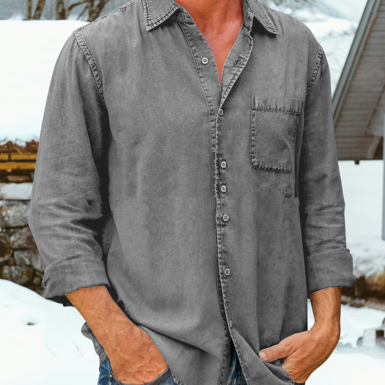 Chemise décontractée en mélange de lin à col classique pour homme