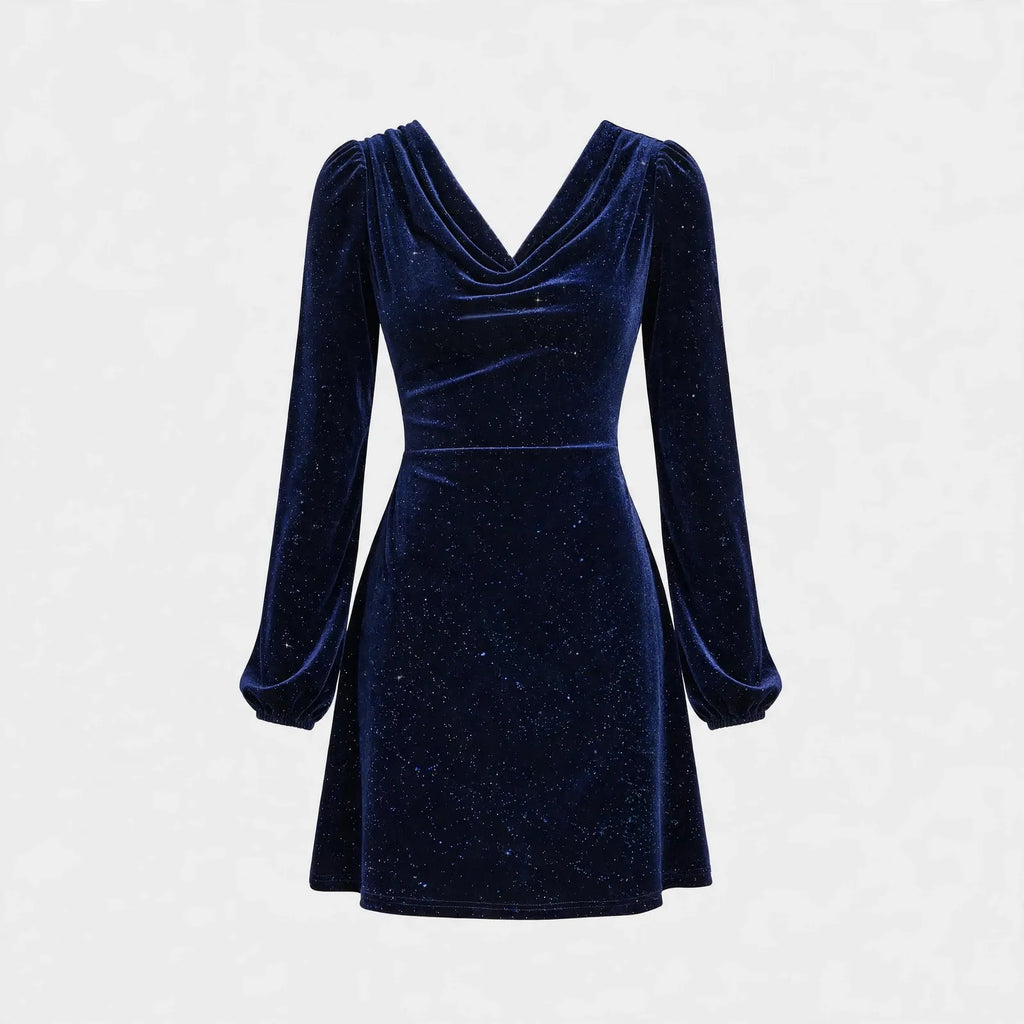 Women's Velvet Sequin Cocktail Dress with Puff Sleeves
