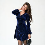 Women's Velvet Sequin Cocktail Dress with Puff Sleeves