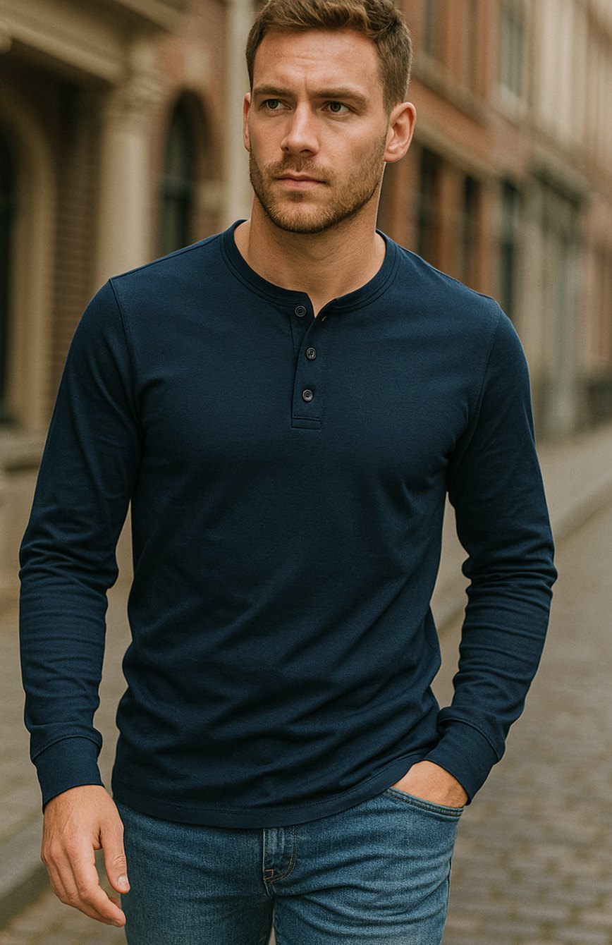 Men's Long Sleeve Henley Shirt with Button Neck