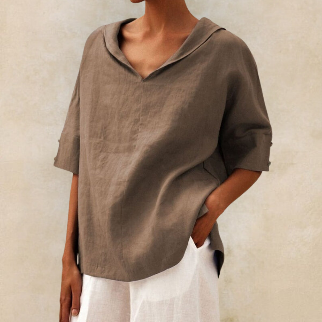 Women's Linen Collared Short Sleeve Blouse for Summer