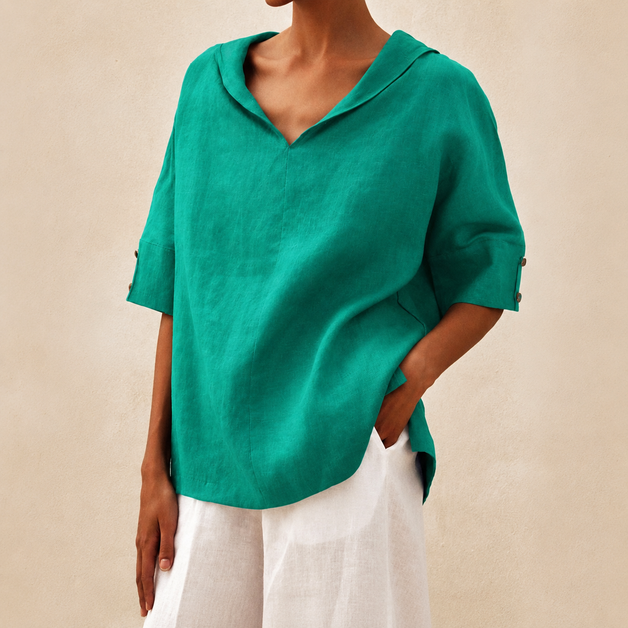 Women's Linen Collared Short Sleeve Blouse for Summer