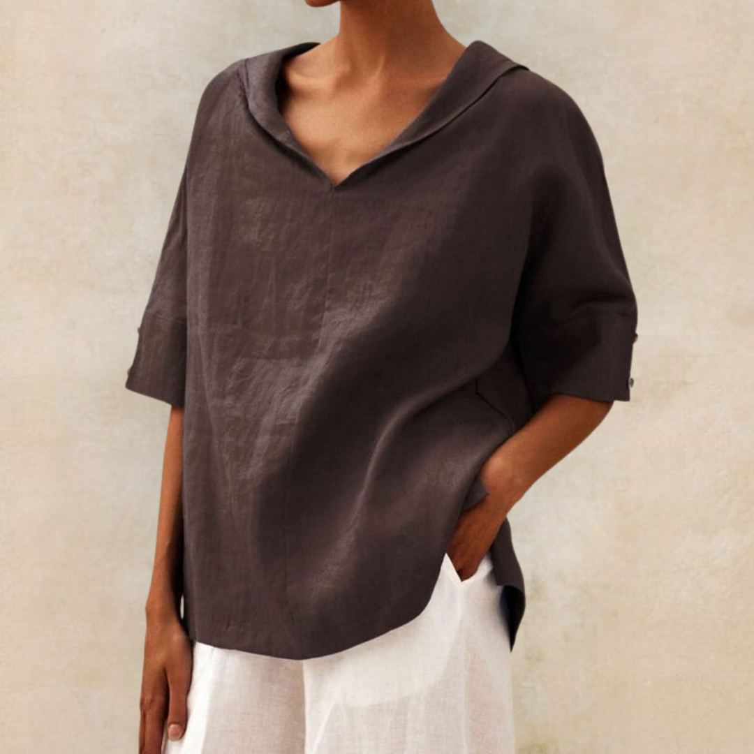 Women's Linen Collared Short Sleeve Blouse for Summer
