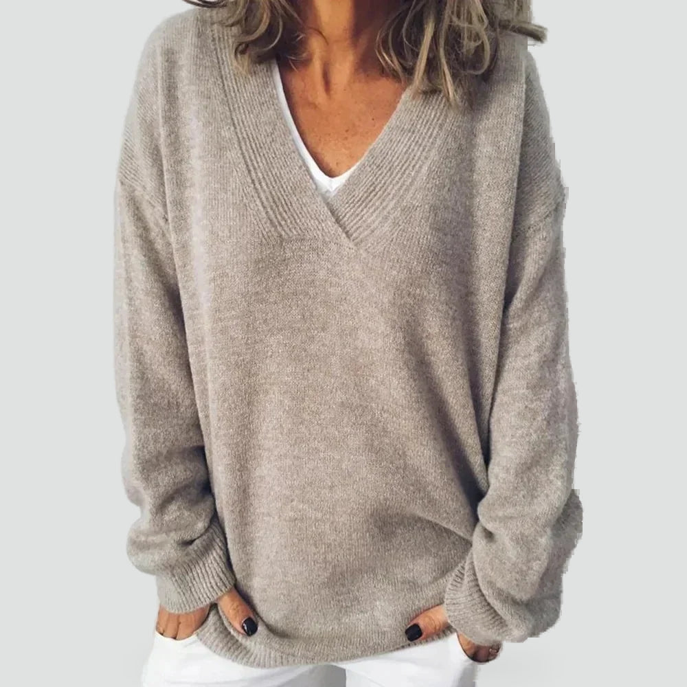 Women's Relaxed V-Neck Knitted Jumper