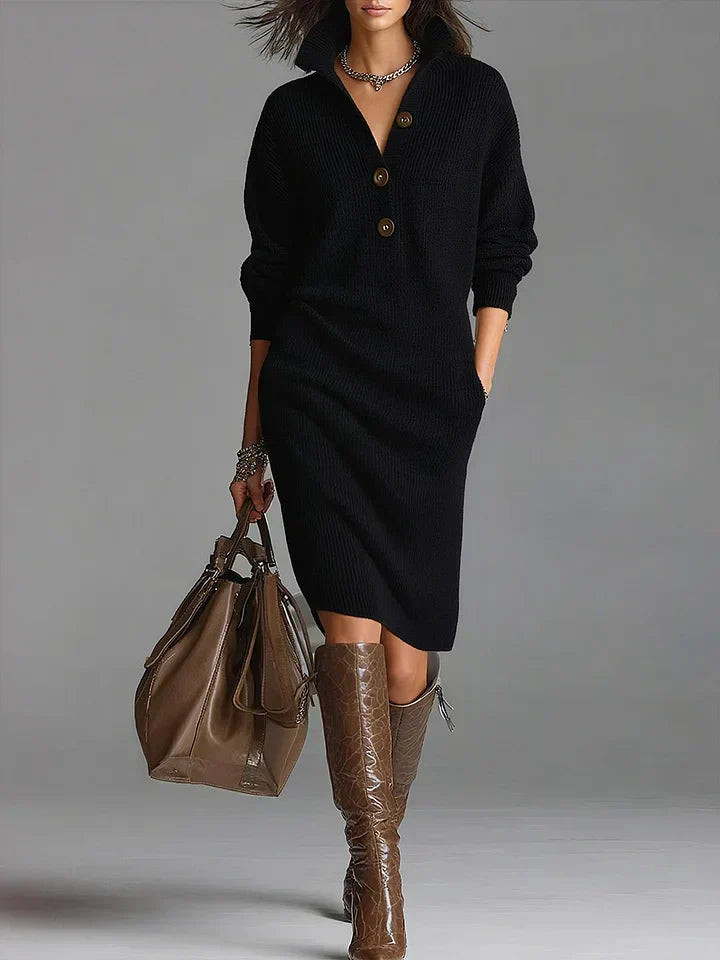 Women’s Ribbed Midi Jumper Dress with Button Collar