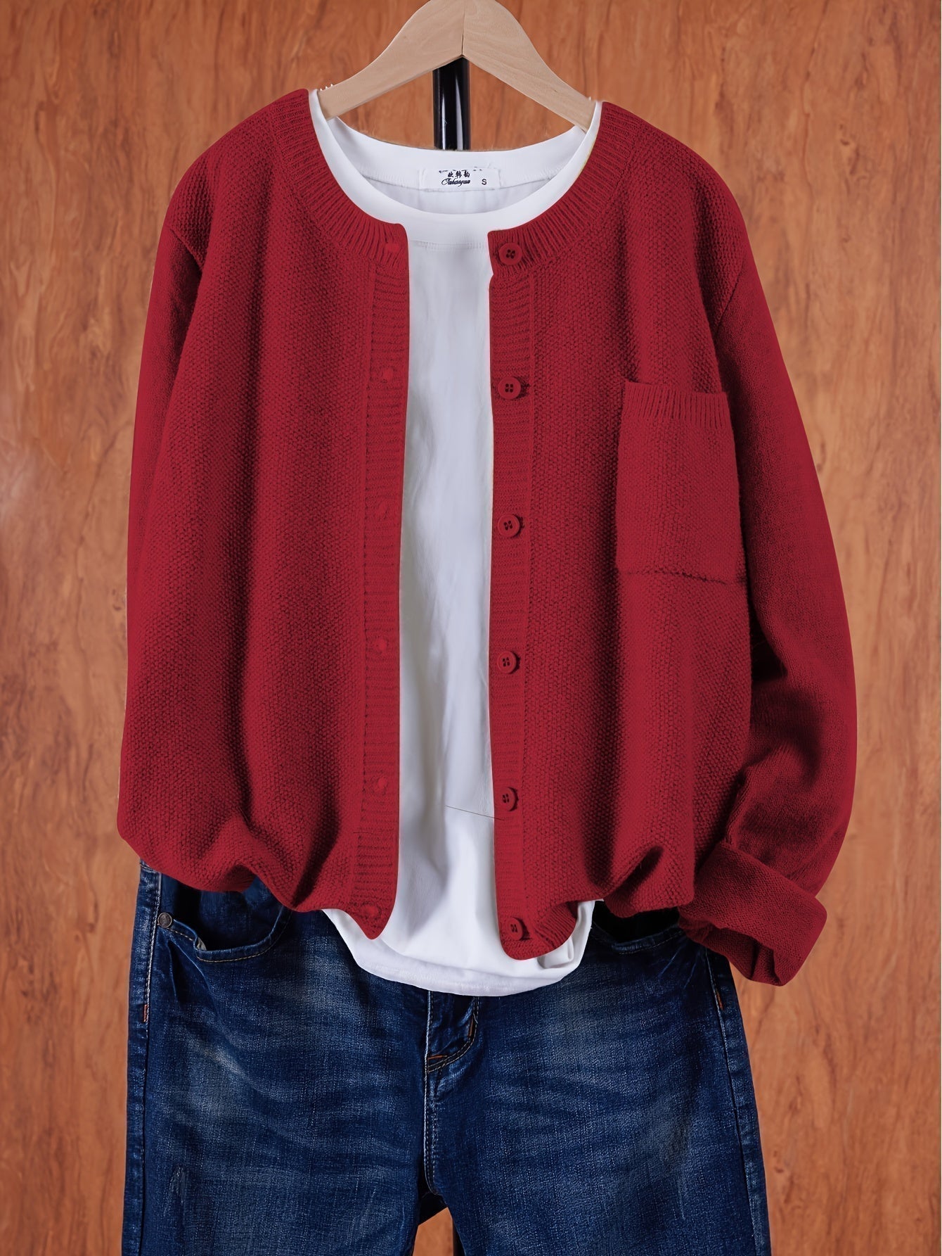 Women’s Knitted Button Cardigan with Crew Neck and Pocket